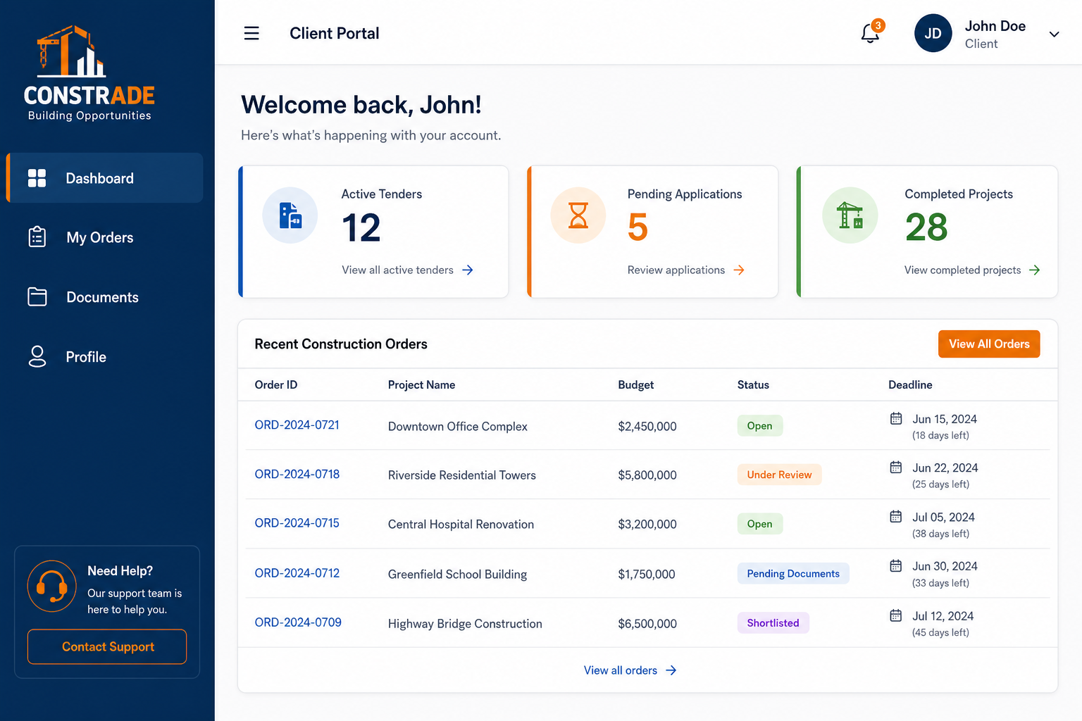 Constrade client portal dashboard showing active tenders and project statistics