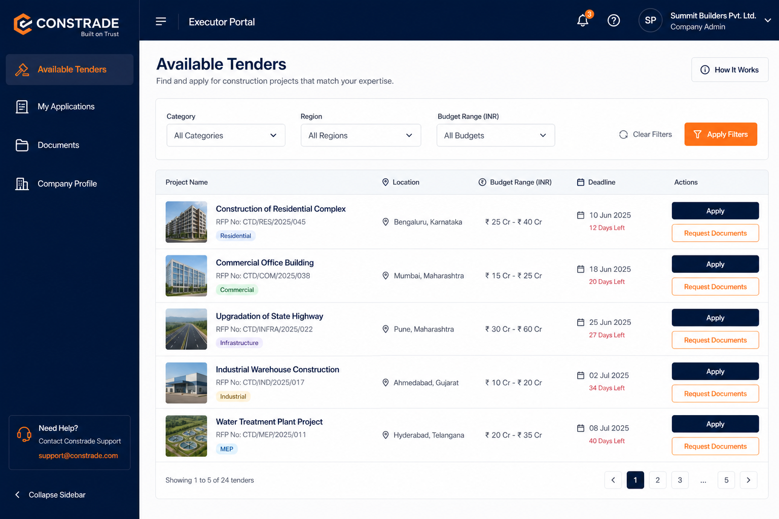 Company portal showing available construction tenders